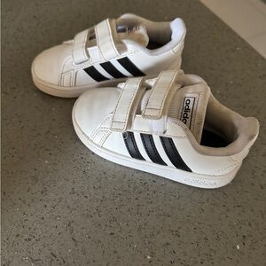 Adidas Grand Court 2 Kids White and Black Velcro Sneakers- Size 7